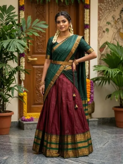 Rani Pink with Green Cotton Silk Lehenga